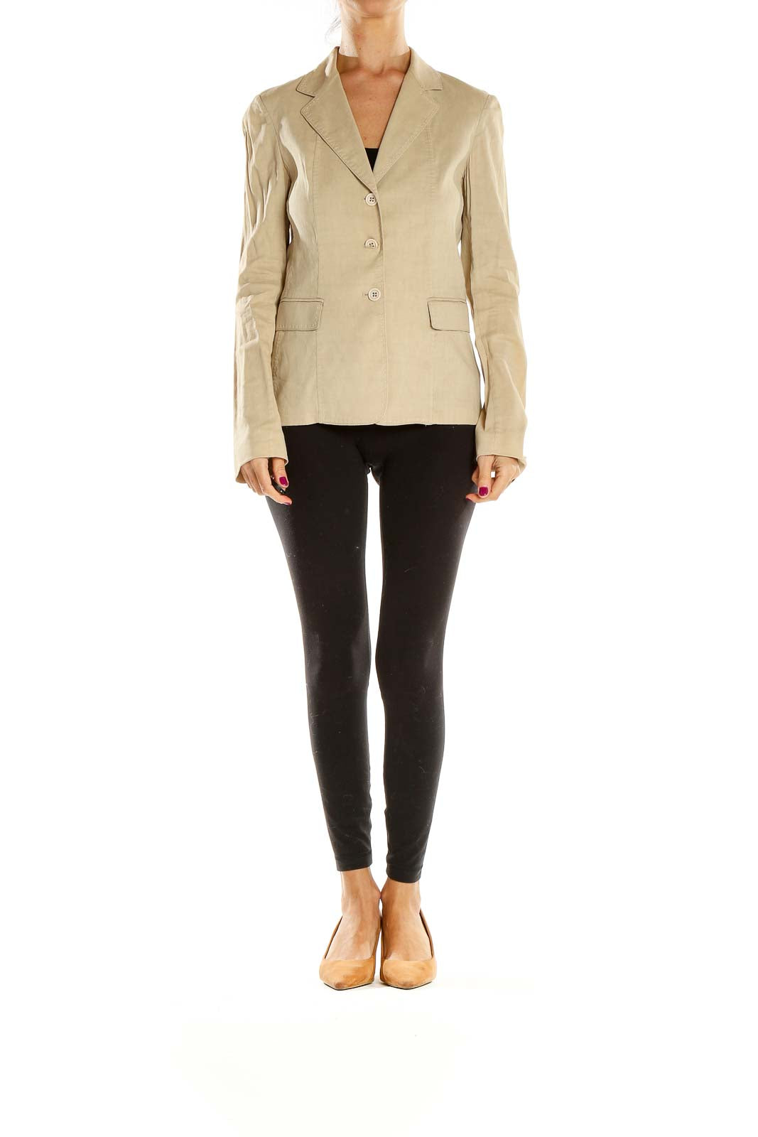 Front view of Elie Tahari beige tailored blazer