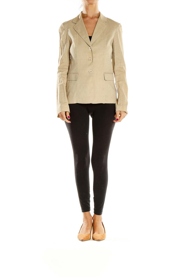 Front view of Elie Tahari beige tailored blazer