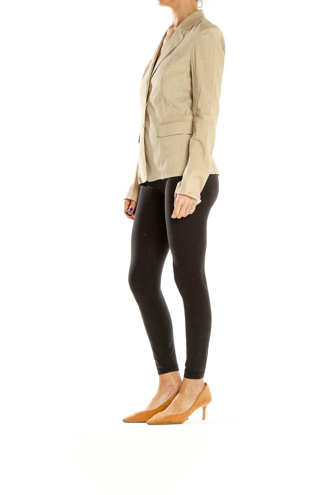 Front view of Elie Tahari beige tailored blazer