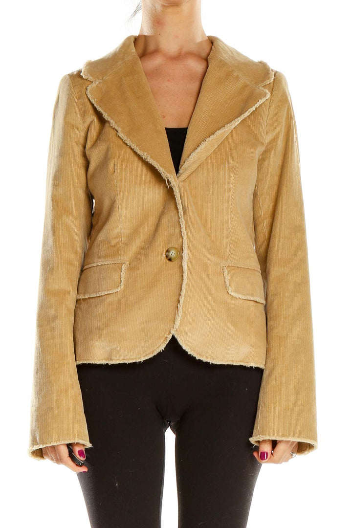 Front view of Chaiken Profile tan corduroy blazer with frayed edges