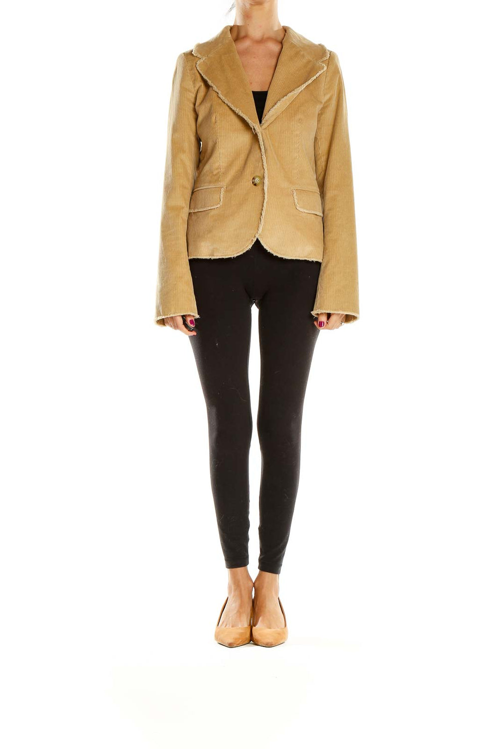 Front view of Chaiken Profile tan corduroy blazer with frayed edges