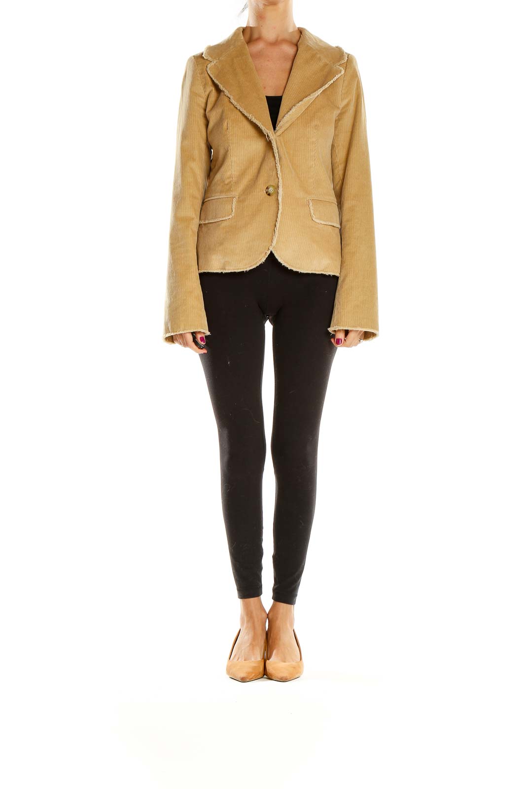 Front view of Chaiken Profile tan corduroy blazer with frayed edges