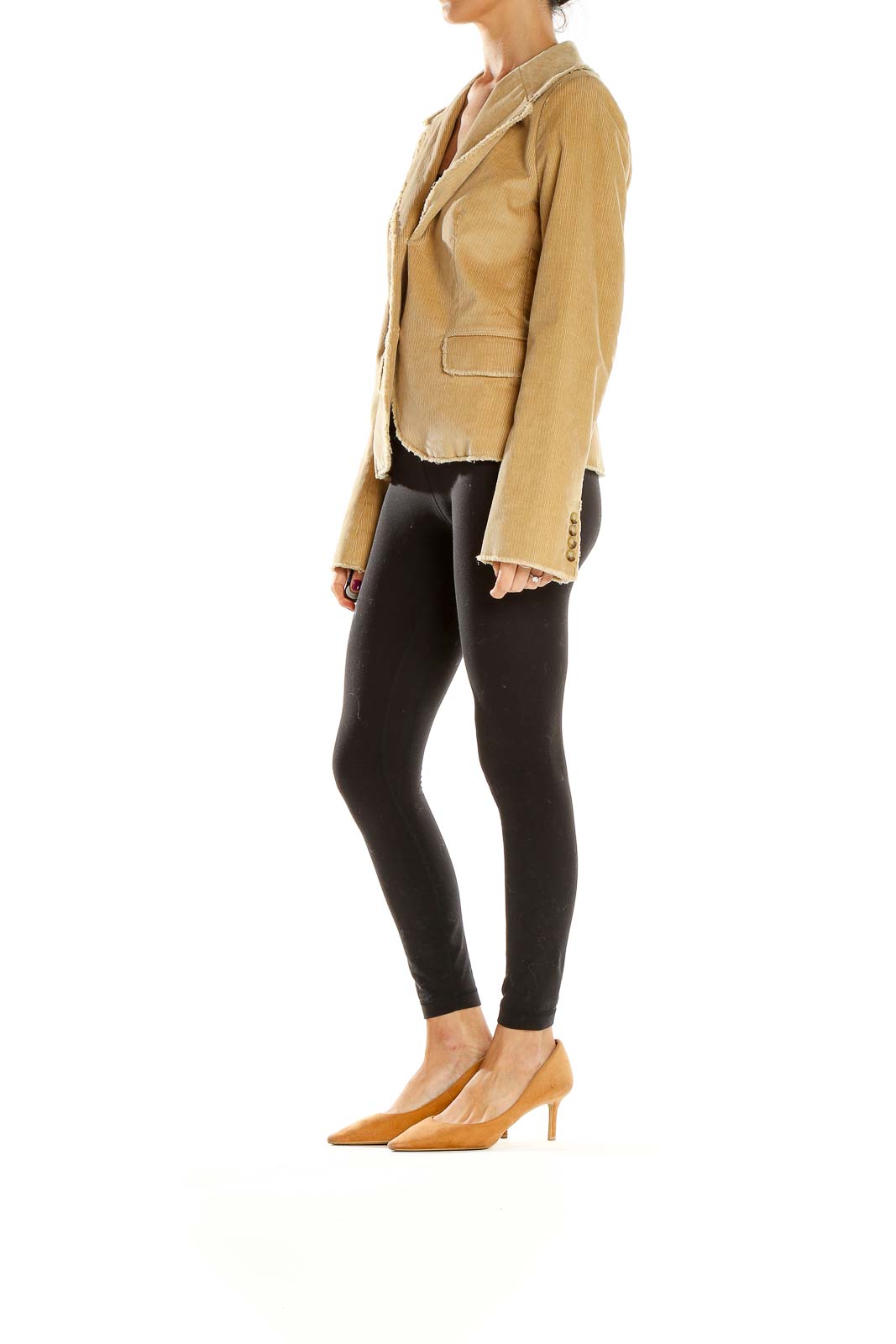 Front view of Chaiken Profile tan corduroy blazer with frayed edges