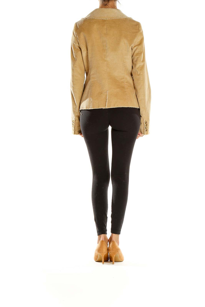 Side view of Chaiken Profile tan corduroy blazer showing frayed edge detail