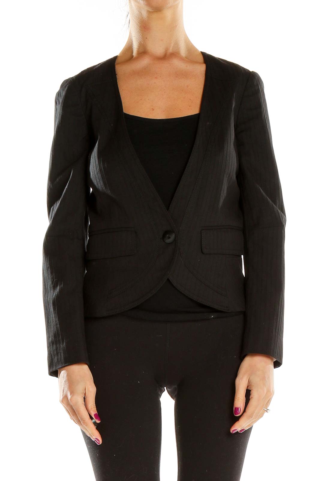 Front view of Marc By Marc Jacobs black single-button blazer with pinstripe detail