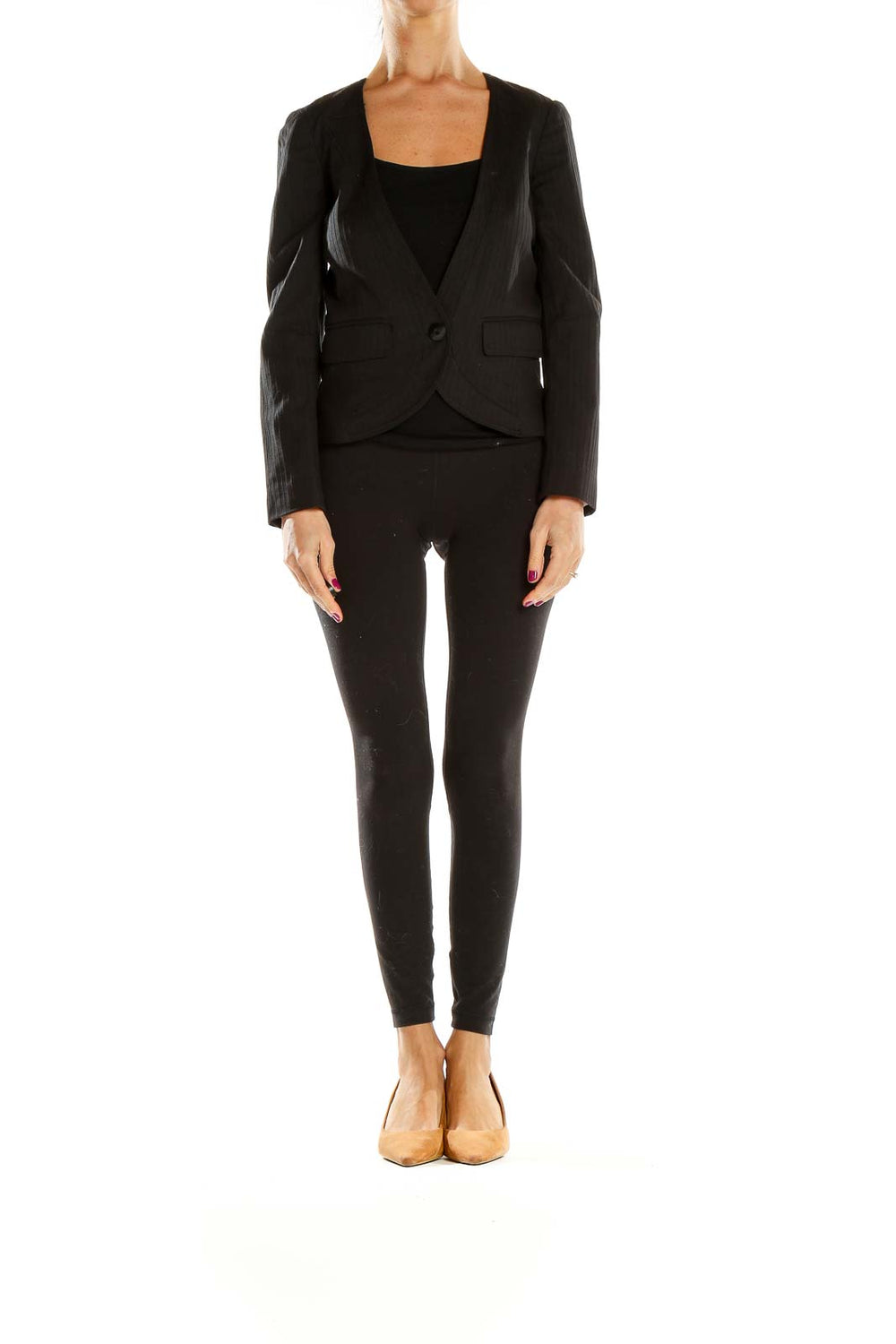 Front view of Marc By Marc Jacobs black single-button blazer with pinstripe detail