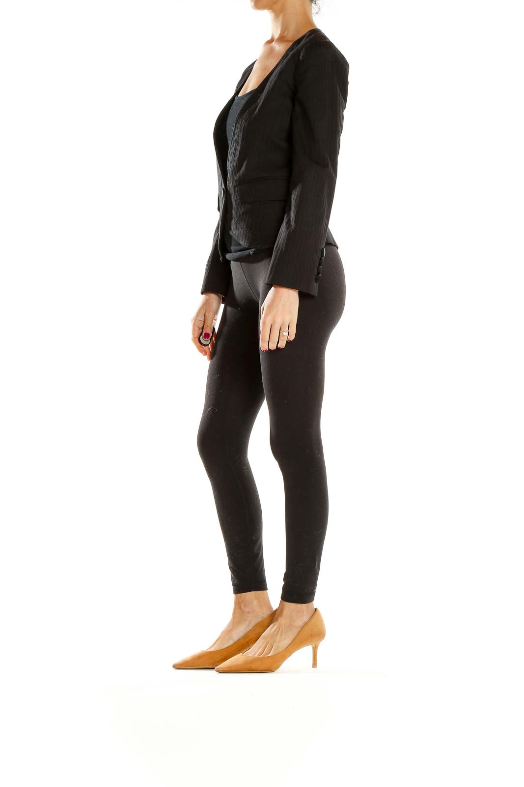 Front view of Marc By Marc Jacobs black single-button blazer with pinstripe detail
