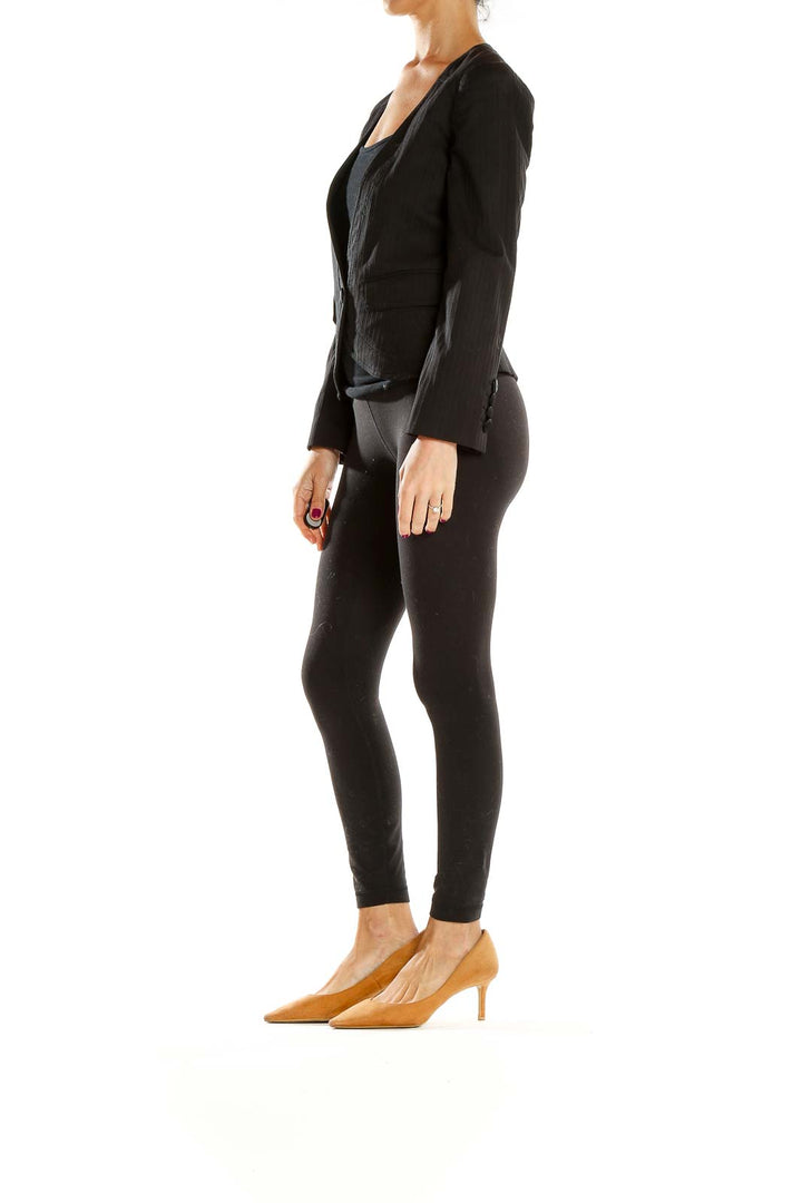 Front view of Marc By Marc Jacobs black single-button blazer with pinstripe detail