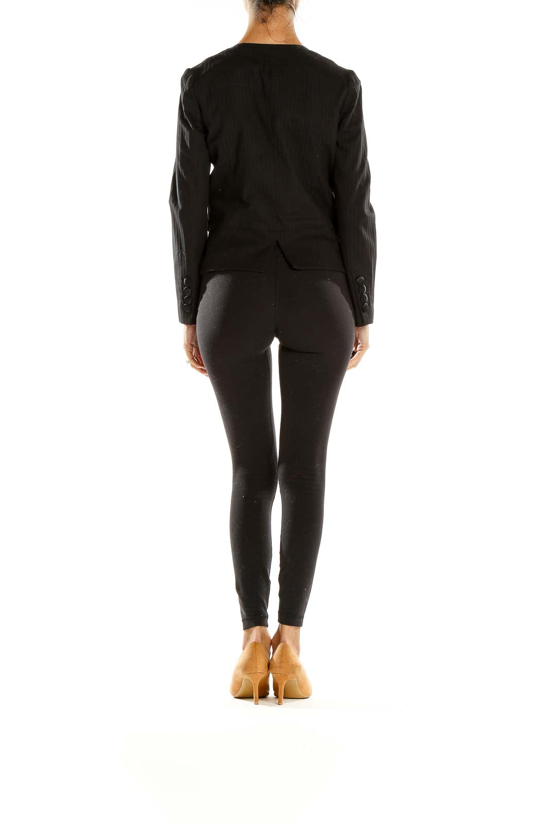 Side view of Marc By Marc Jacobs black blazer showing tailored fit and length