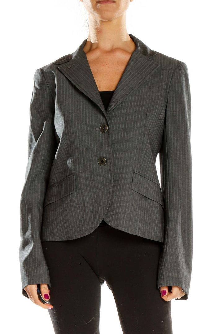 Front view of Theory gray pinstriped tailored blazer on model