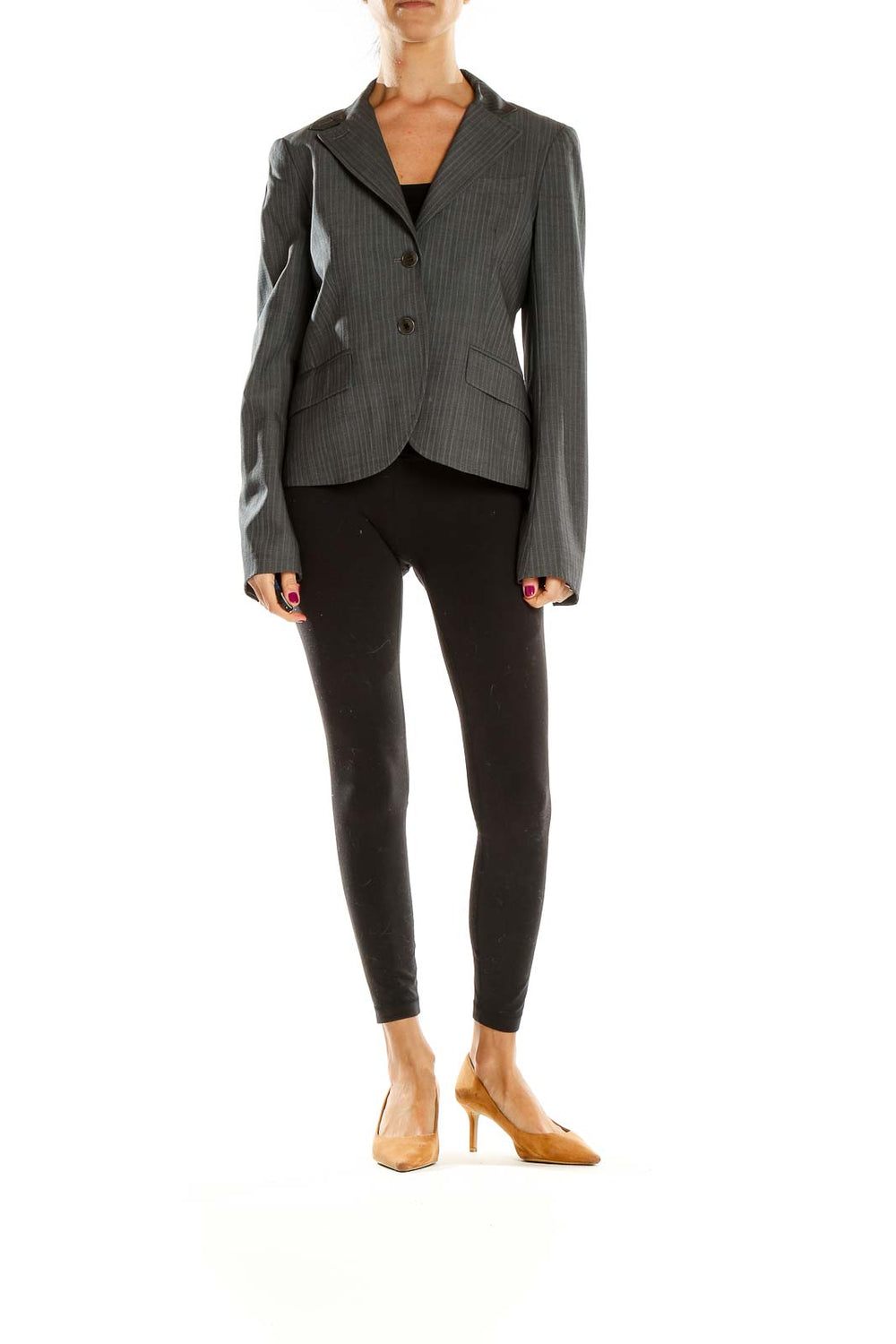 Front view of Theory gray pinstriped tailored blazer on model