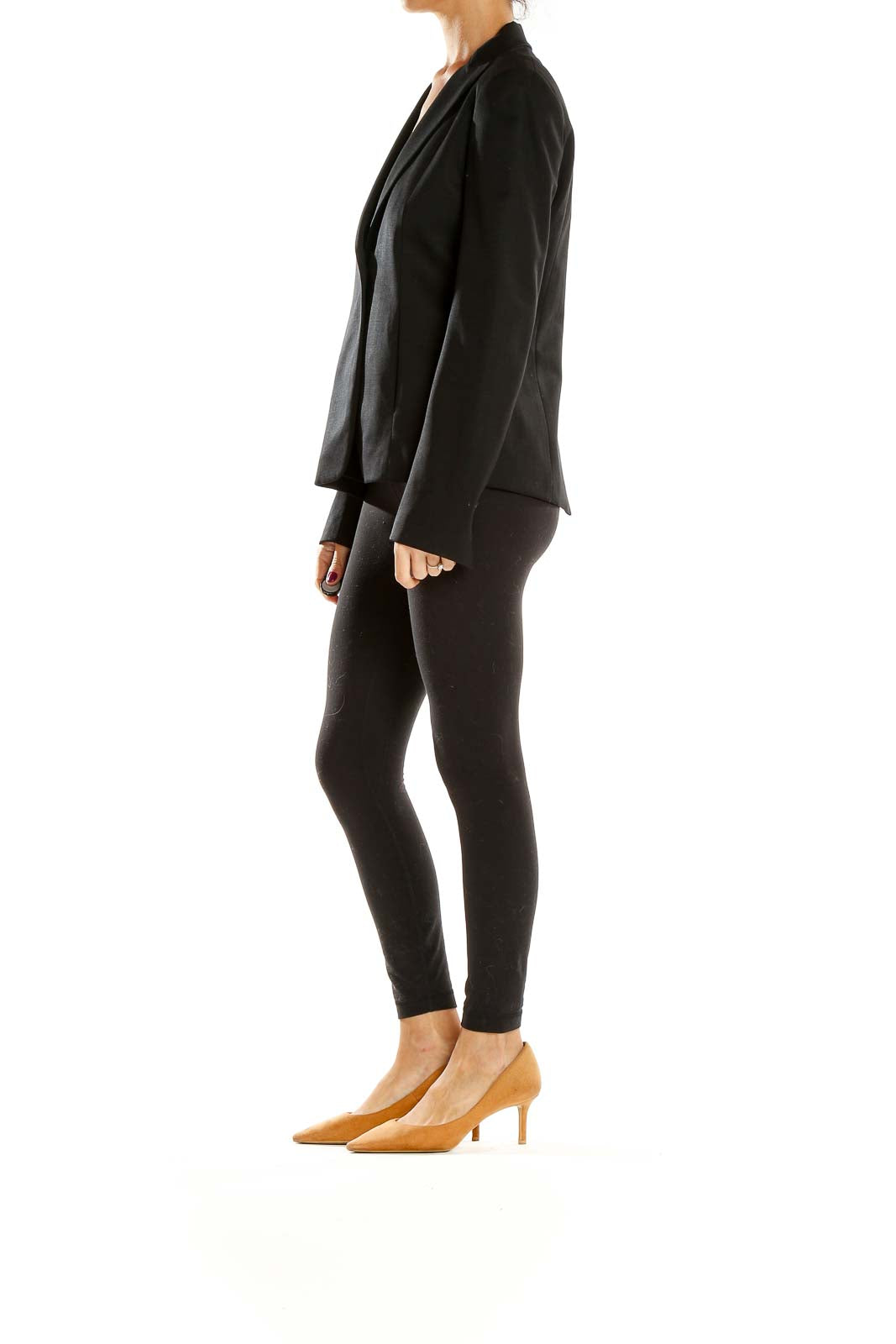 Front view of black Theory blazer with single-button closure