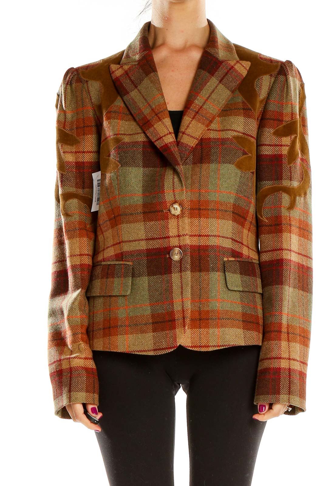 Front view of Les Copains brown plaid wool blazer with notched lapels