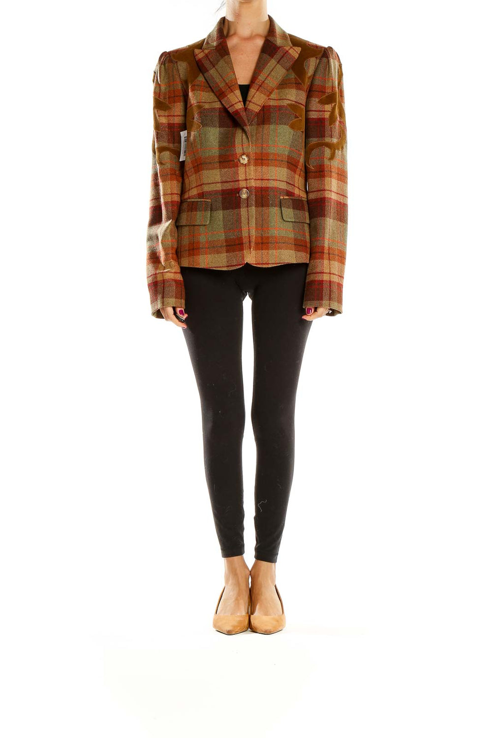 Front view of Les Copains brown plaid wool blazer with notched lapels