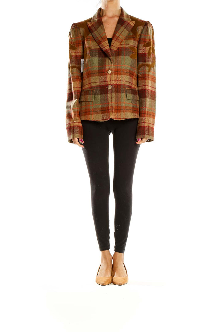 Front view of Les Copains brown plaid wool blazer with notched lapels