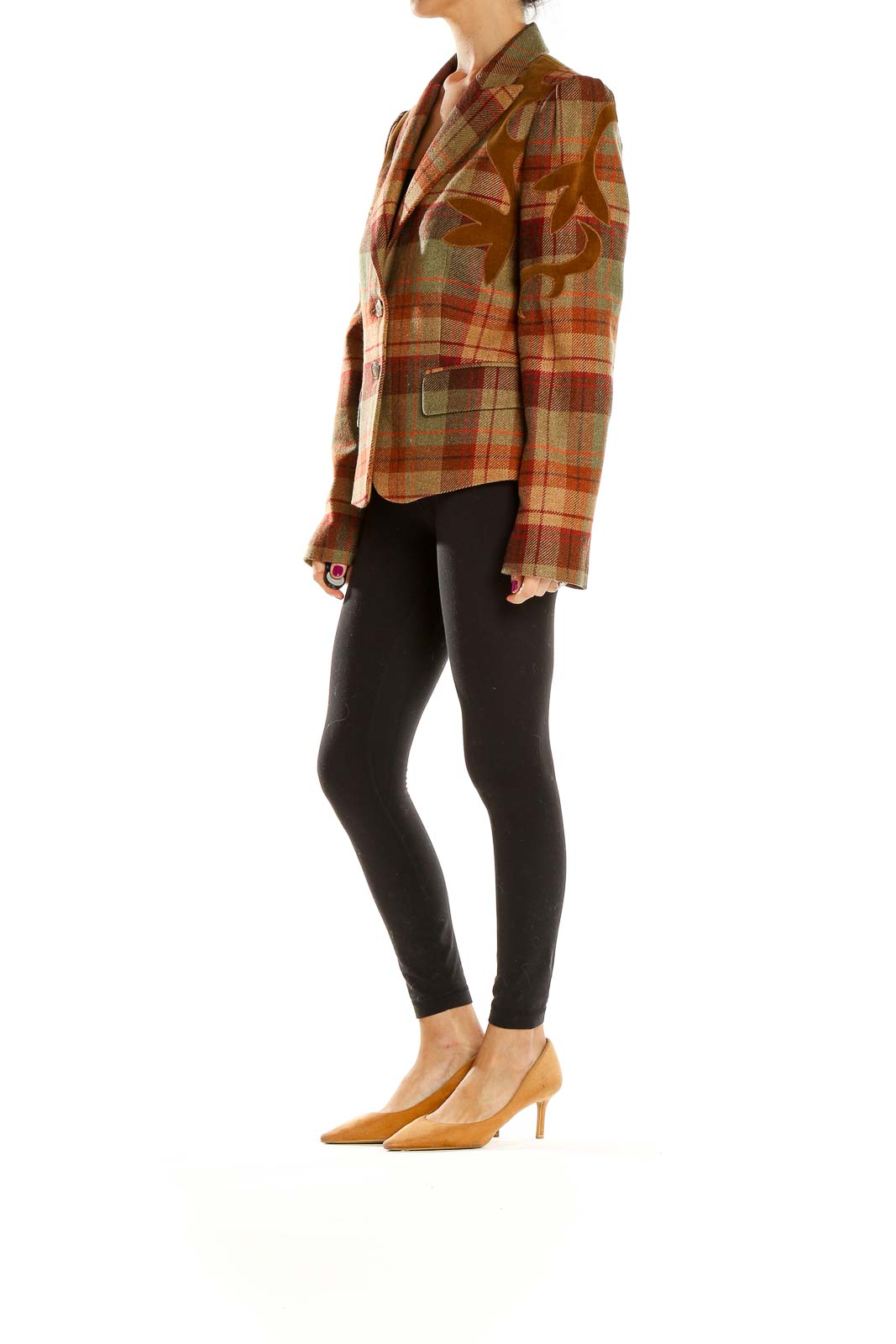 Front view of Les Copains brown plaid wool blazer with notched lapels