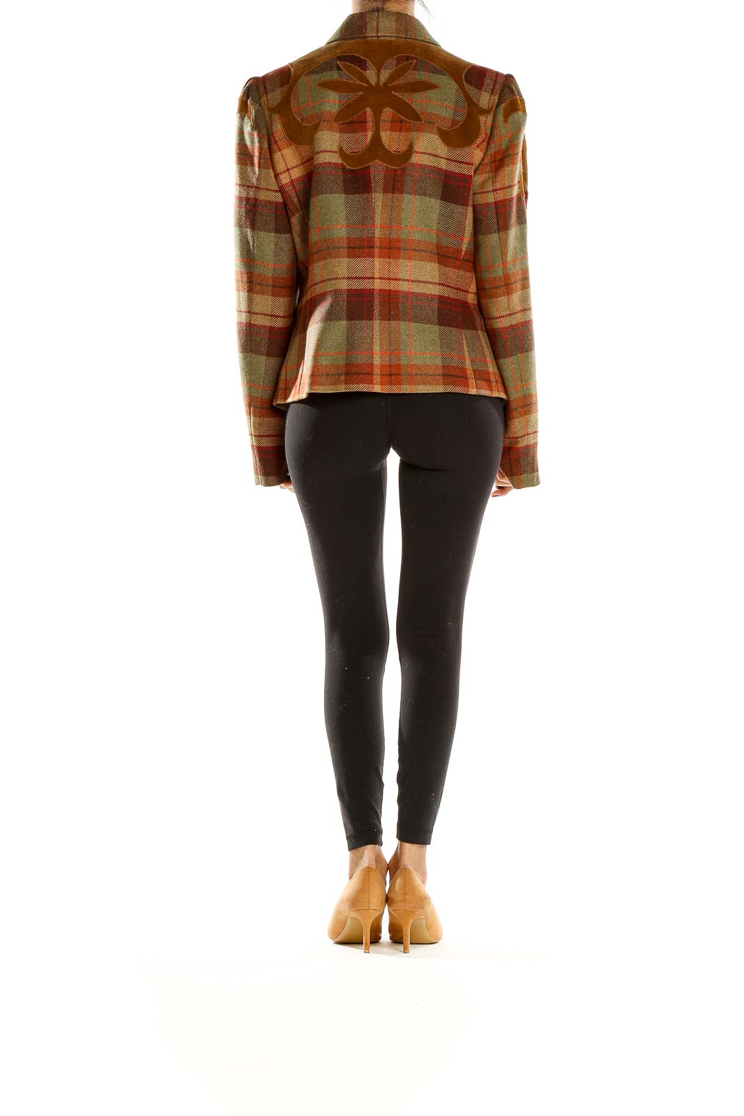 Back view of Les Copains brown plaid wool blazer showing tailored fit