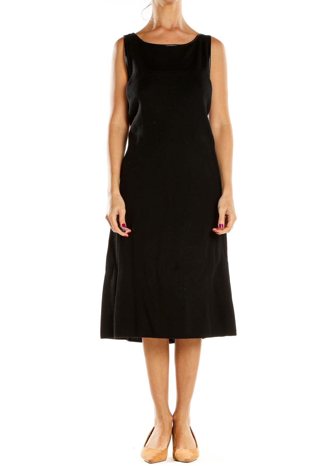 Front view of Dana Buchman black sleeveless midi knit dress