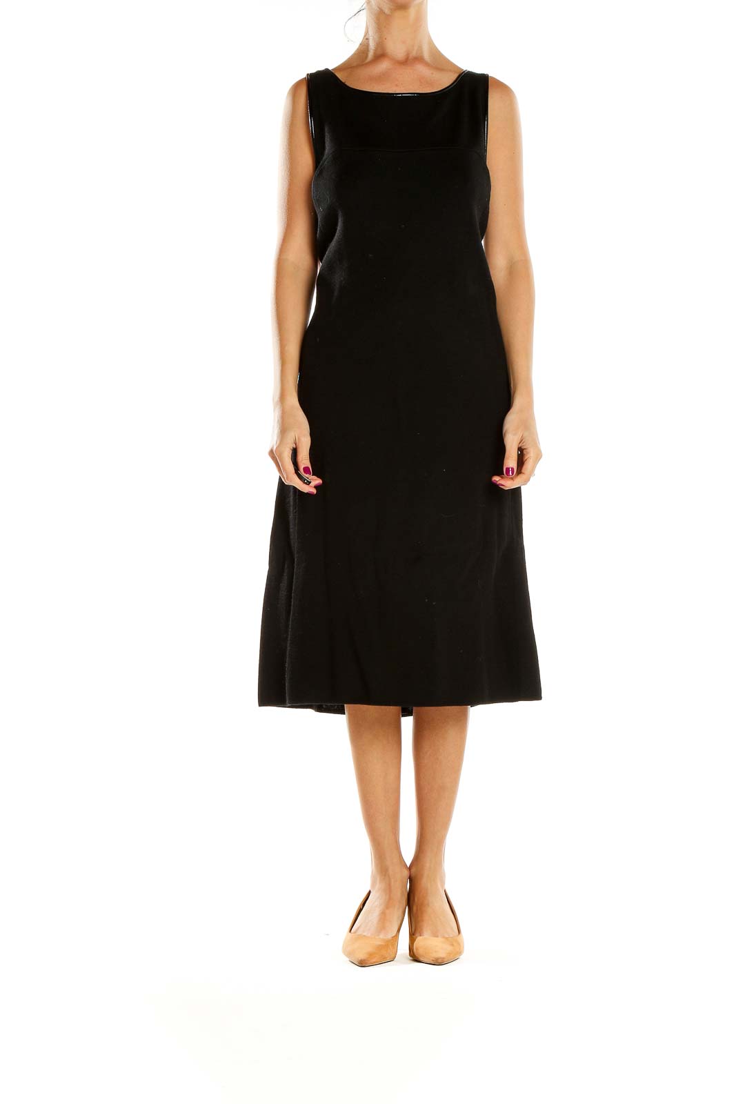 Front view of Dana Buchman black sleeveless midi knit dress