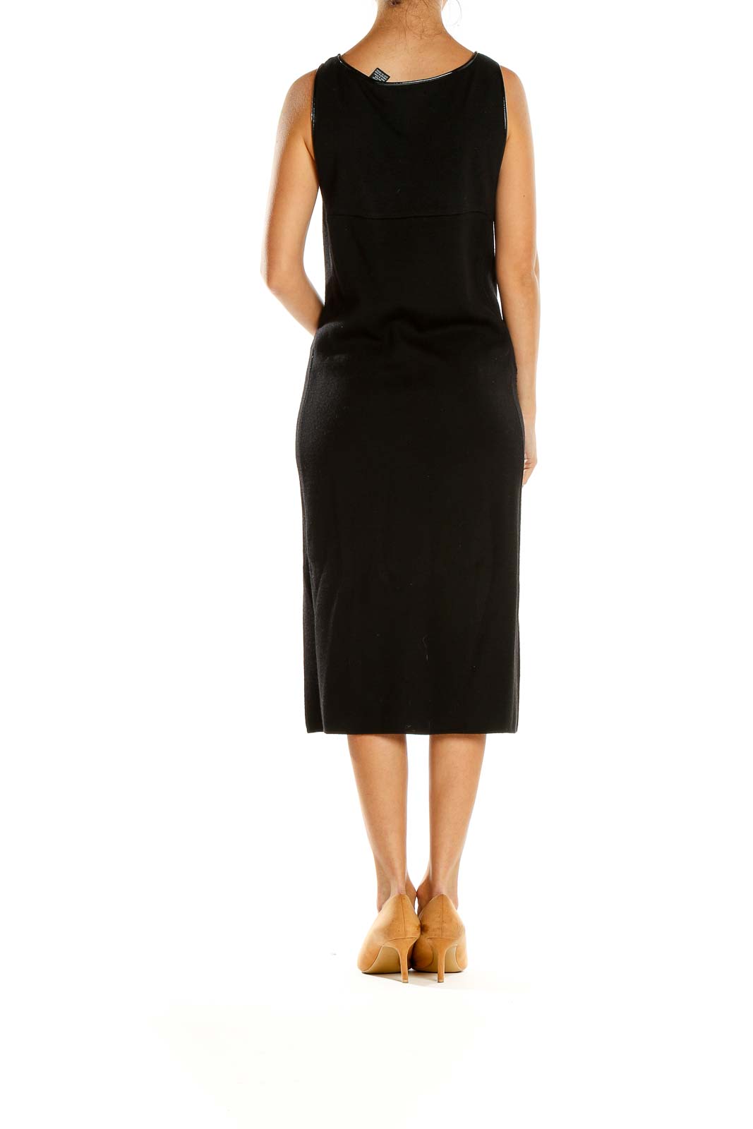 Side view of Dana Buchman black sleeveless midi knit dress