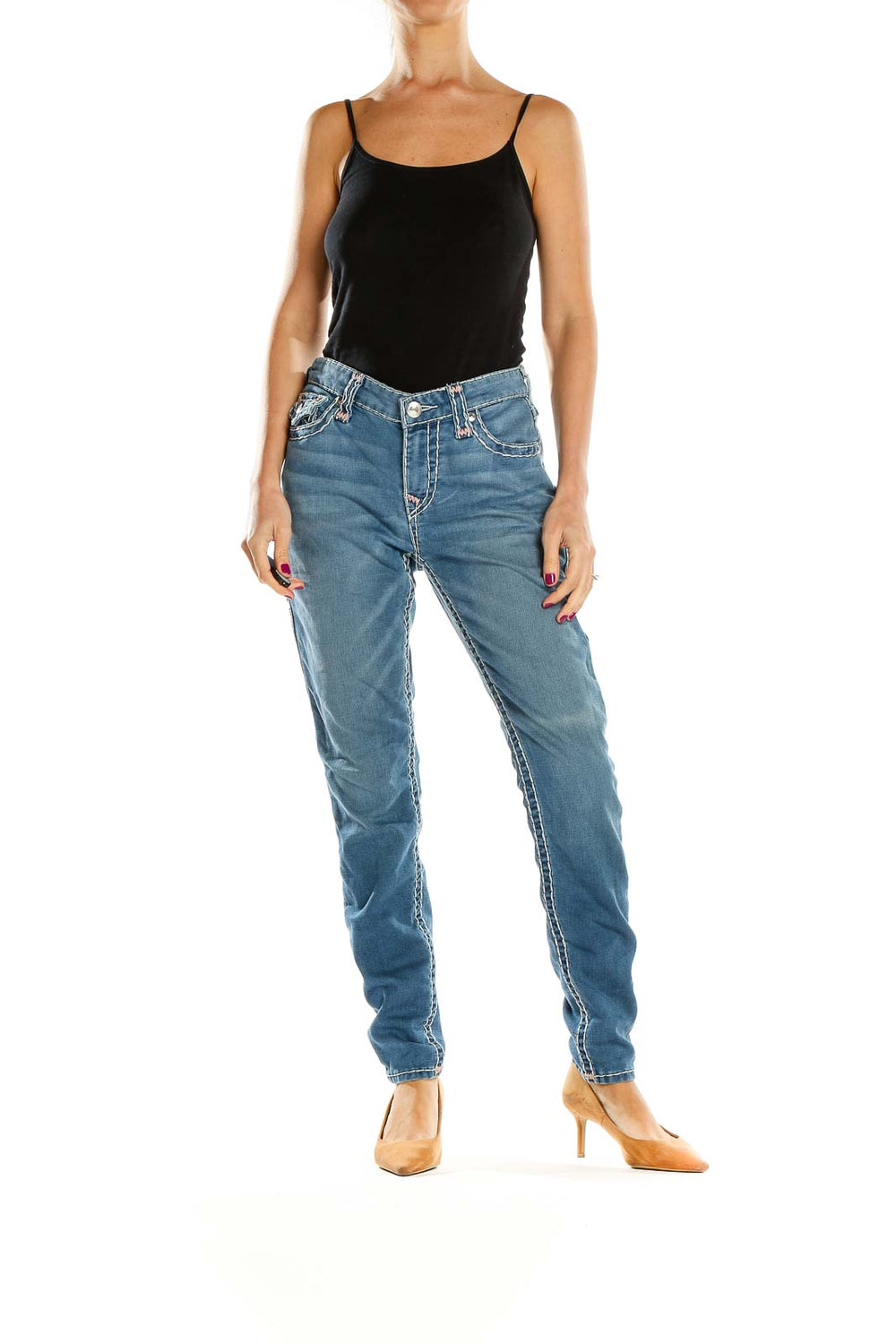 Front view of True Religion light blue straight leg jeans on model