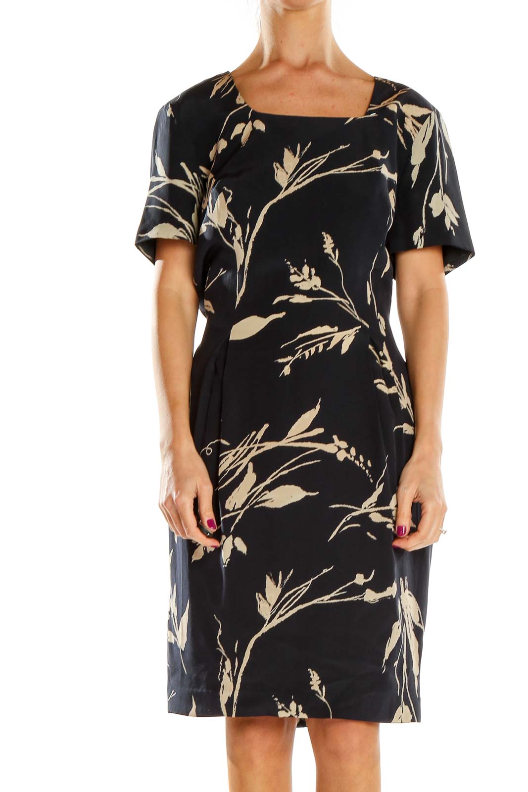 Front view of Adrianna Papell Black Floral Print Short Sleeve Dress with square neckline