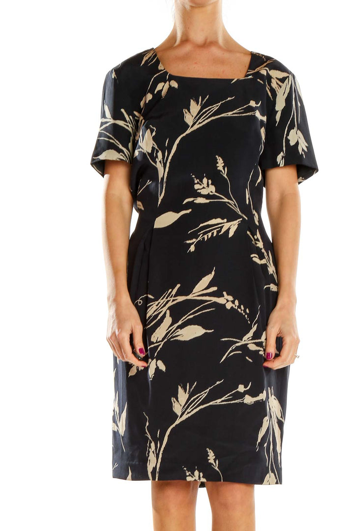 Front view of Adrianna Papell Black Floral Print Short Sleeve Dress with square neckline