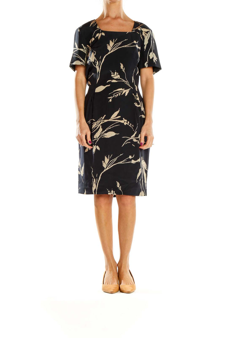 Front view of Adrianna Papell Black Floral Print Short Sleeve Dress with square neckline