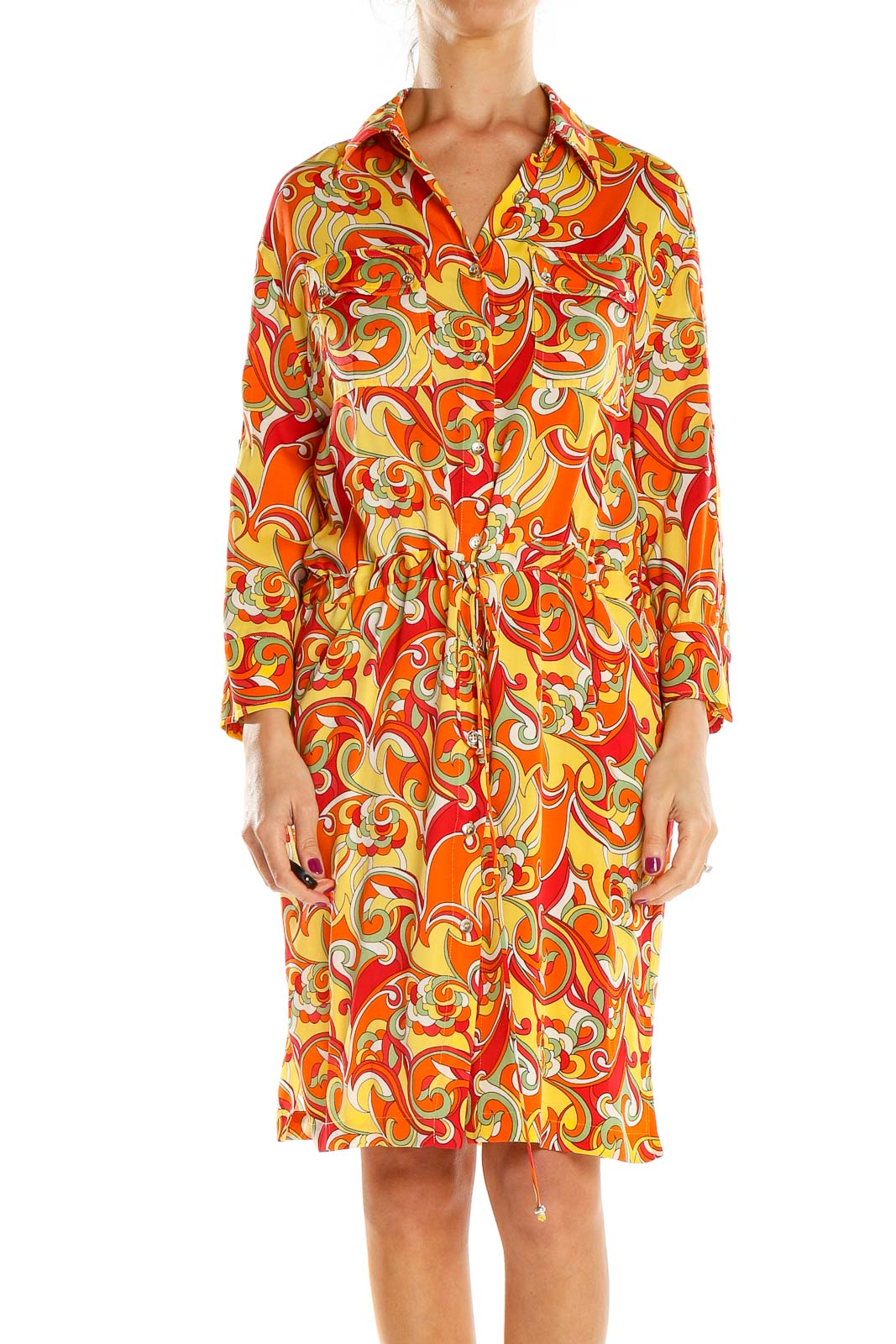 Front view of SoCa by St. John orange psychedelic print shirt dress