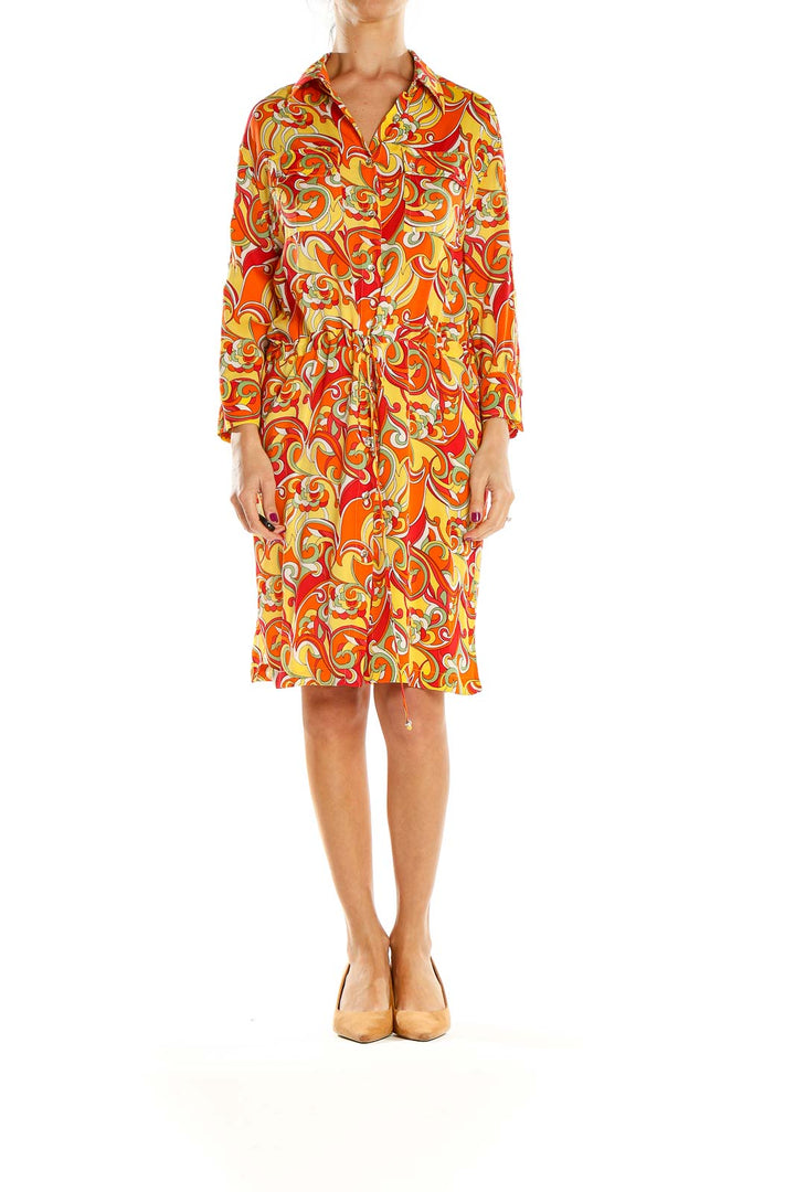 Front view of SoCa by St. John orange psychedelic print shirt dress
