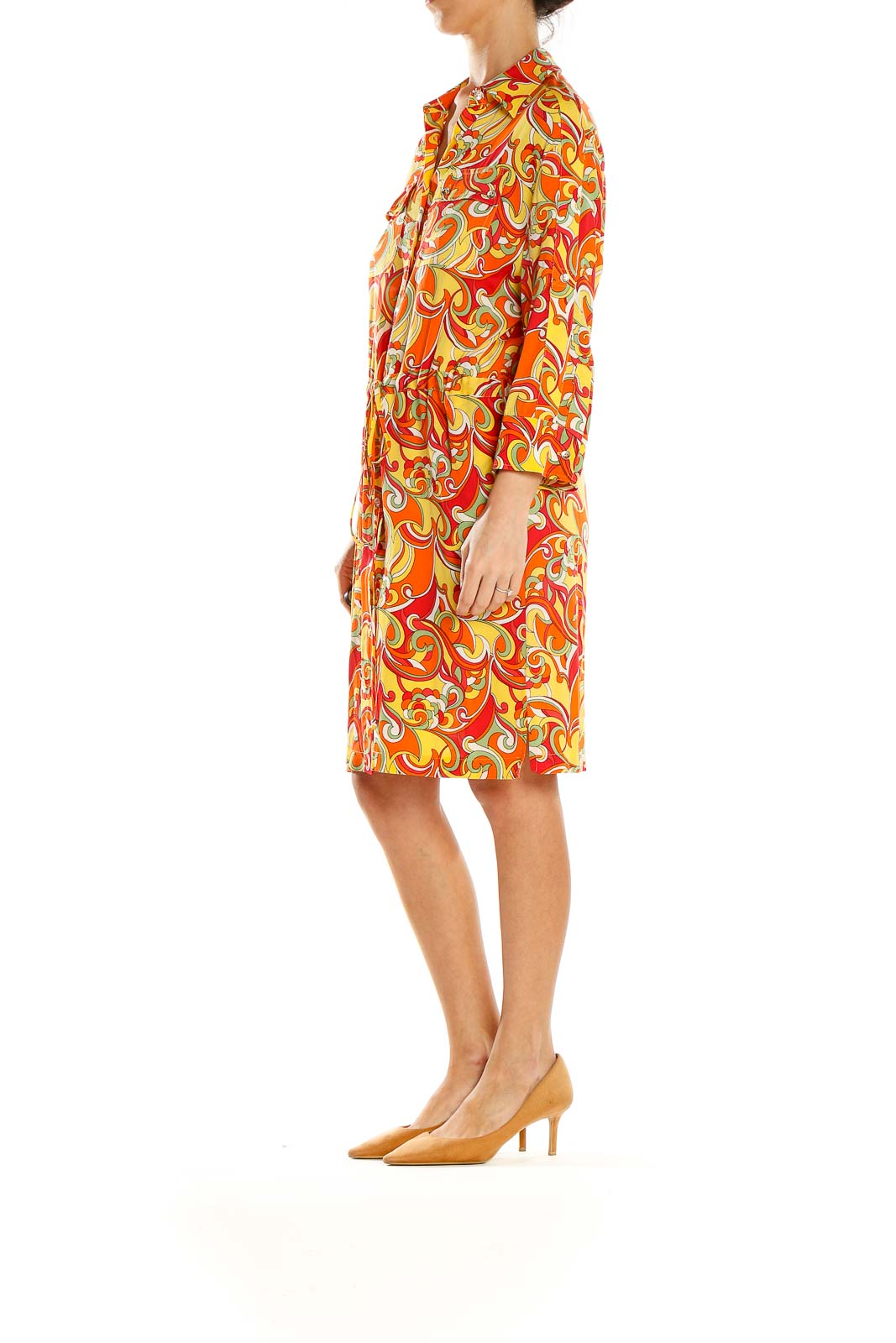 Front view of SoCa by St. John orange psychedelic print shirt dress
