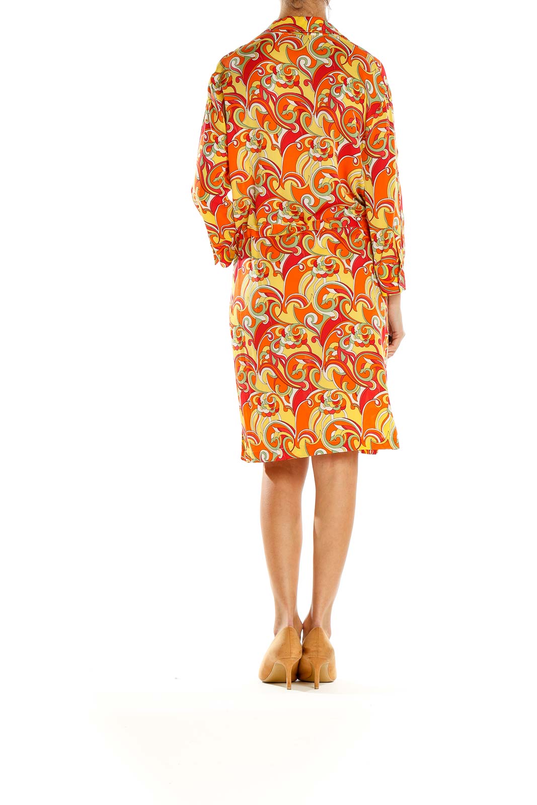 Side view of SoCa by St. John orange psychedelic print shirt dress