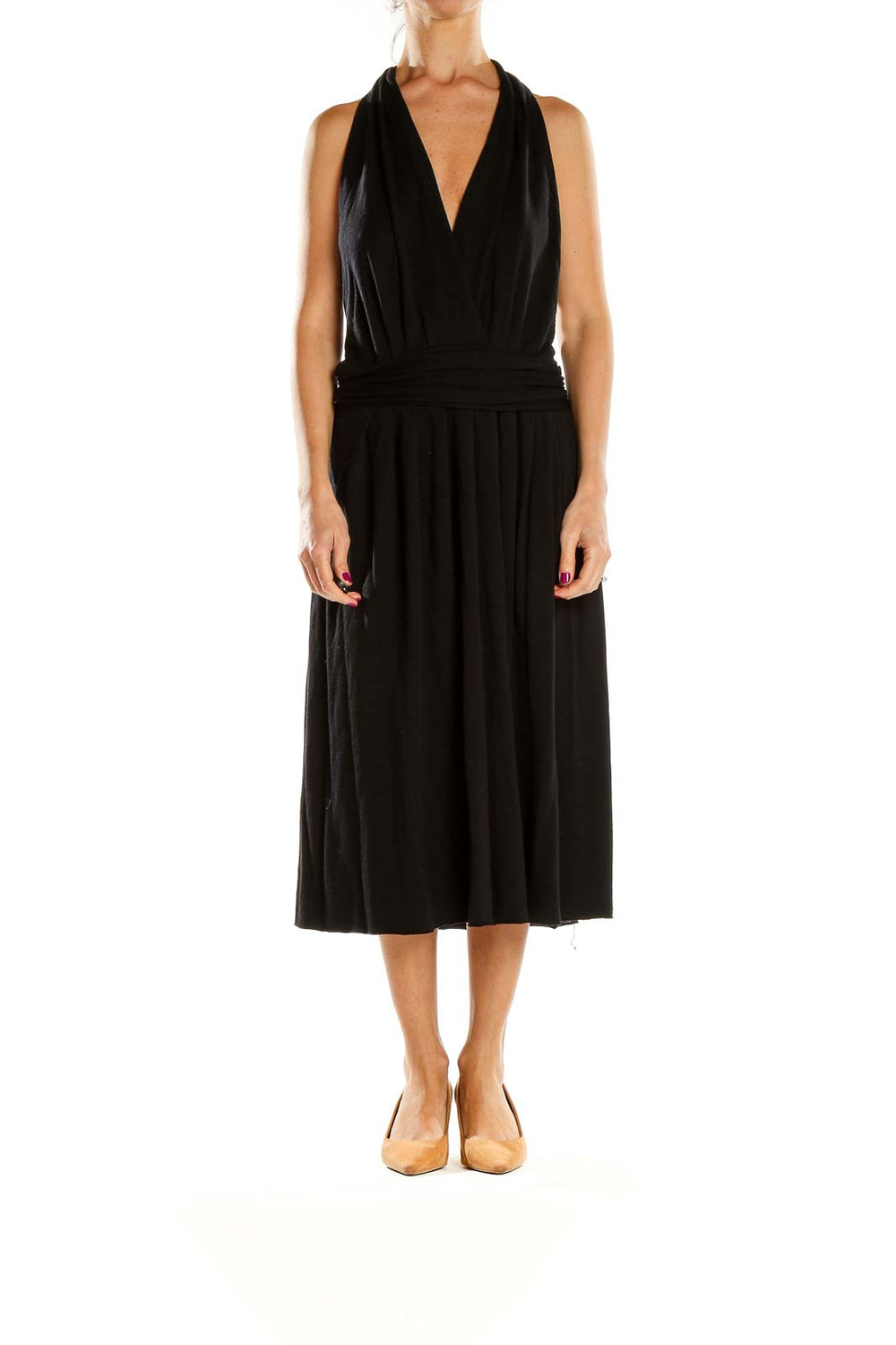 Front view of black Theory halter neck midi dress with pleated skirt
