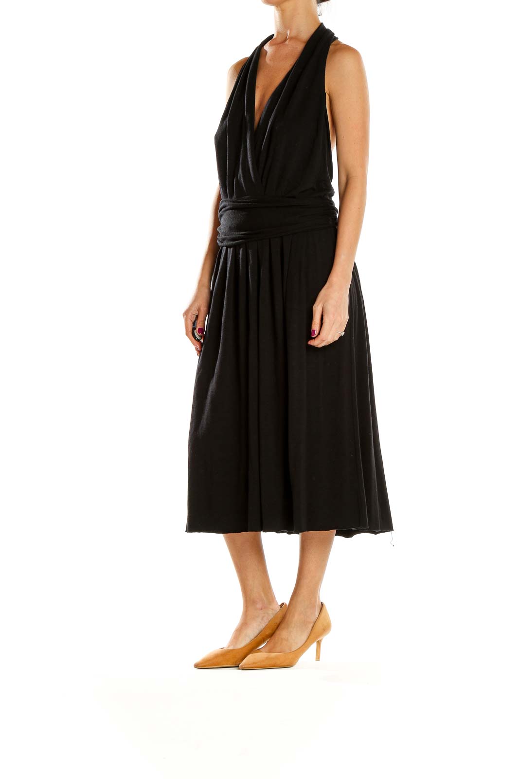 Front view of black Theory halter neck midi dress with pleated skirt