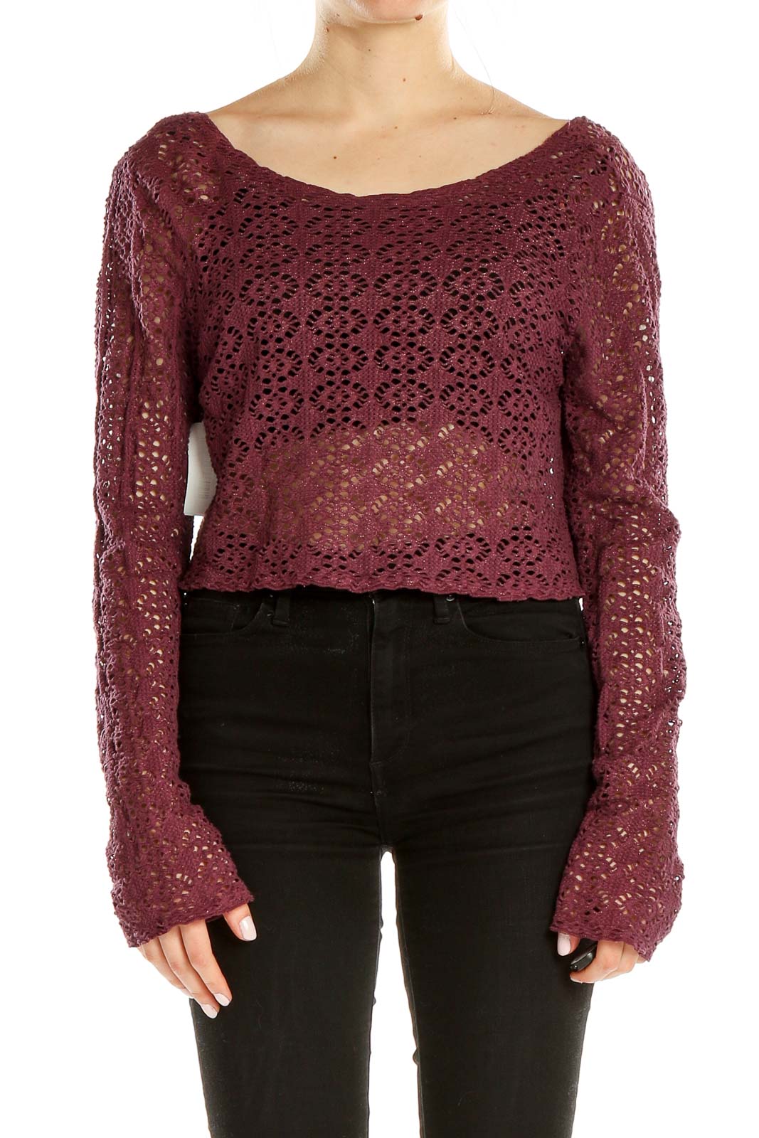 Front view of burgundy crochet crop sweater from FP Beach