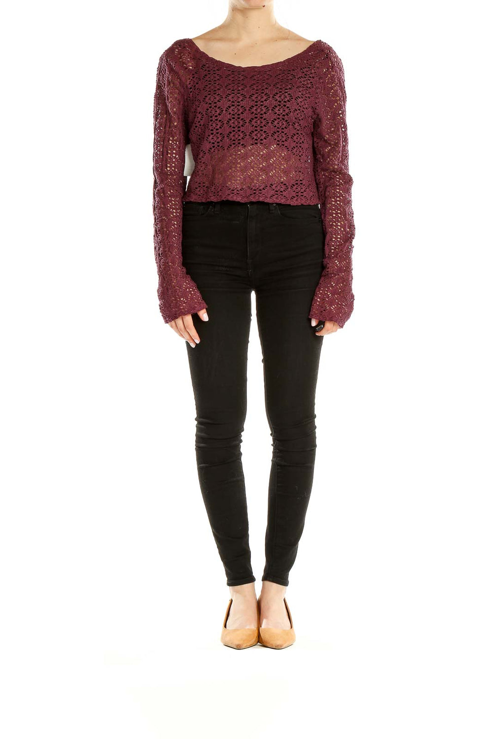 Front view of burgundy crochet crop sweater from FP Beach