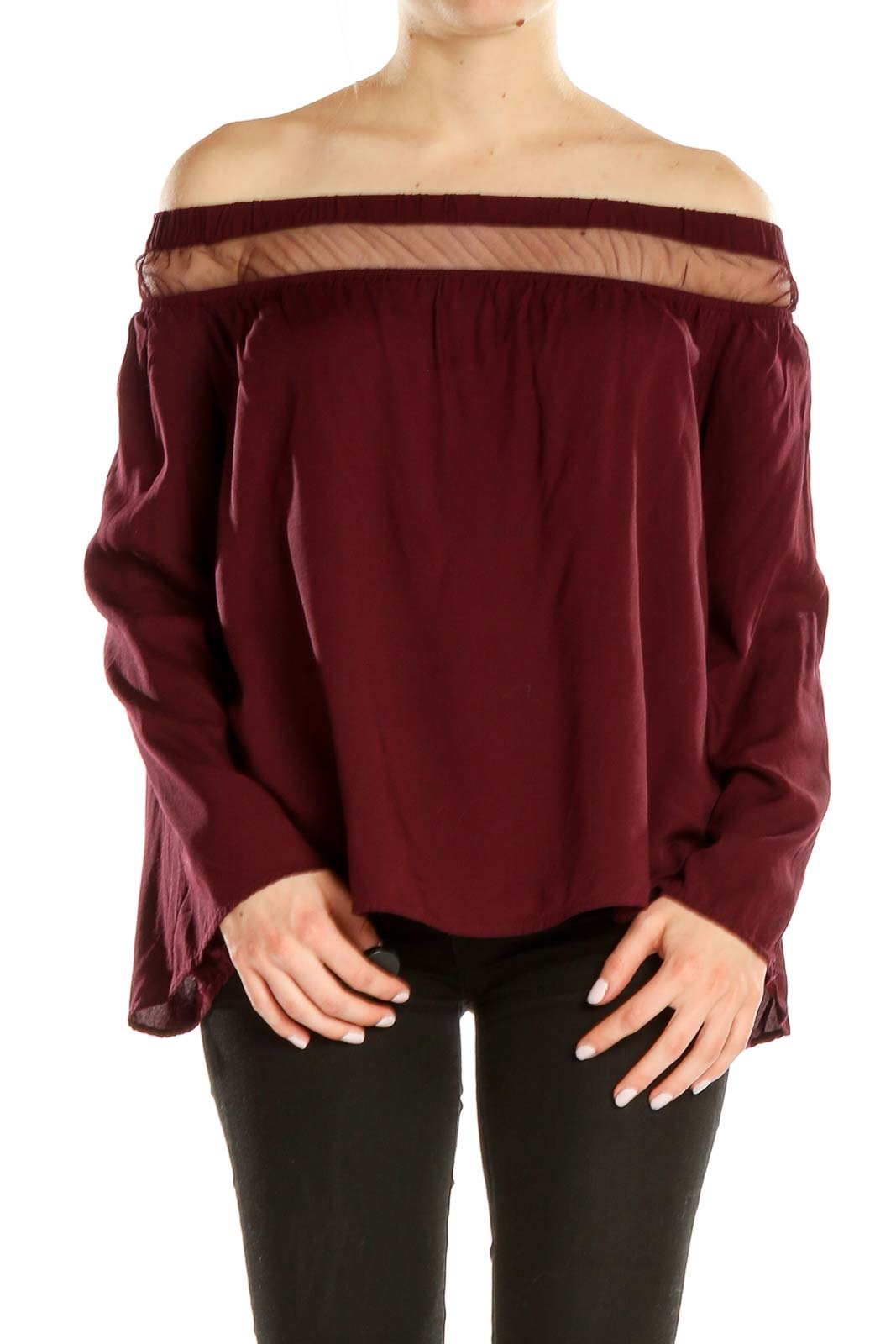 Front view of burgundy Rock & Republic off-shoulder top with sheer panel