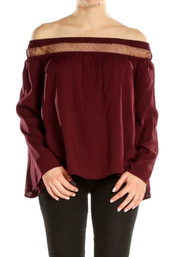 Front view of burgundy Rock & Republic off-shoulder top with sheer panel