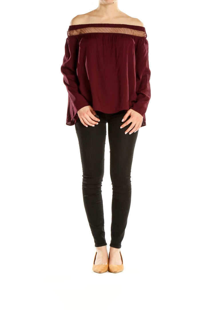 Front view of burgundy Rock & Republic off-shoulder top with sheer panel