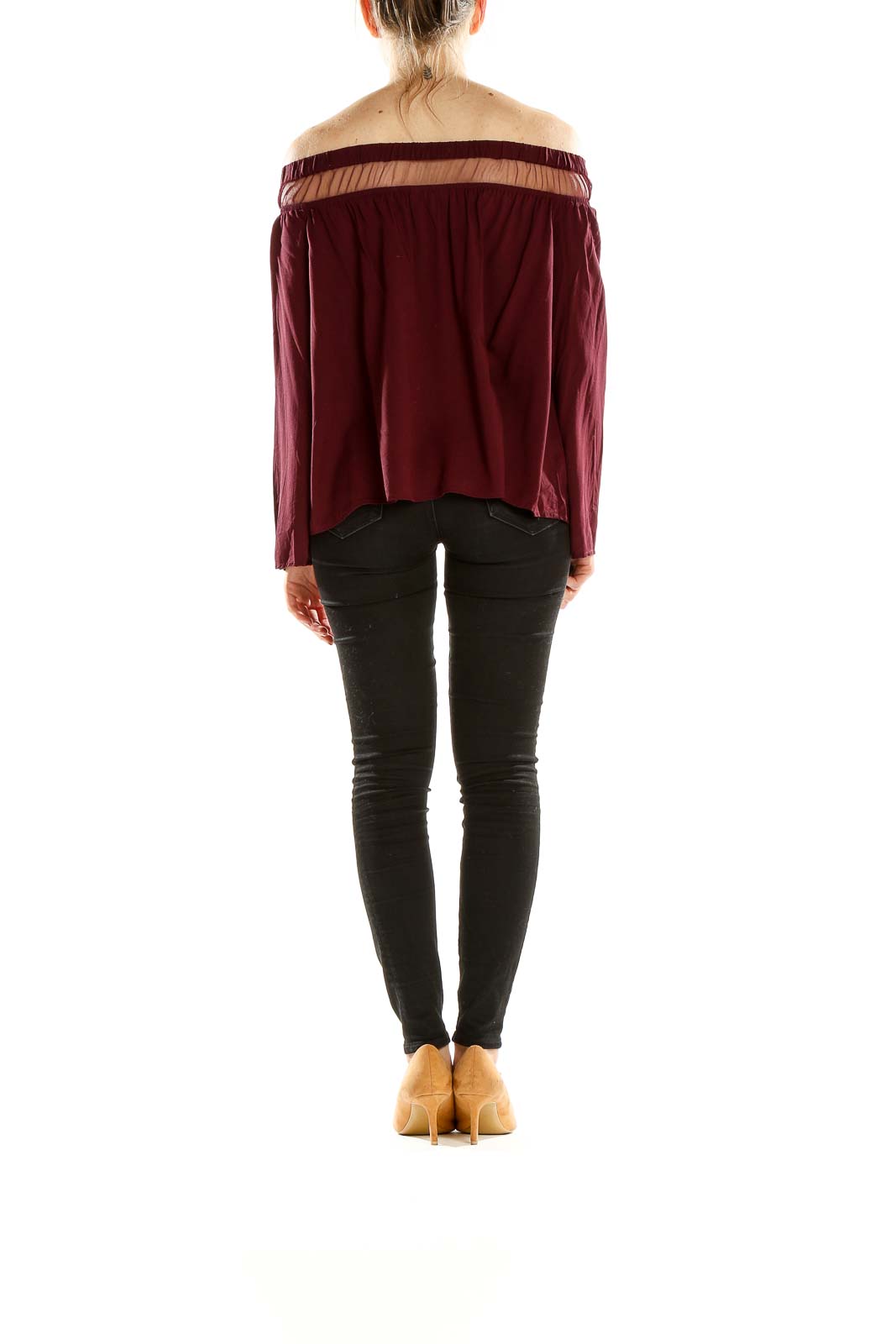 Side view of burgundy Rock & Republic off-shoulder top on model