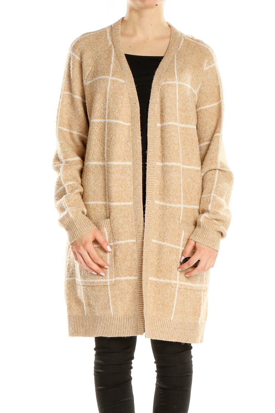 Front view of Vera Moda beige windowpane check long cardigan