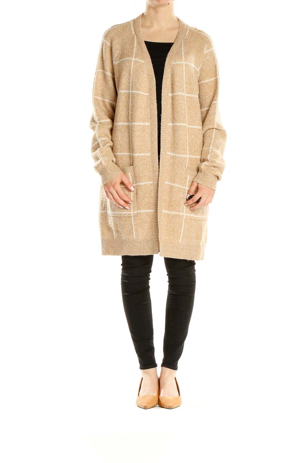 Front view of Vera Moda beige windowpane check long cardigan