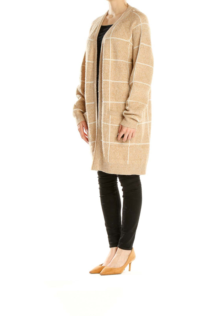 Front view of Vera Moda beige windowpane check long cardigan