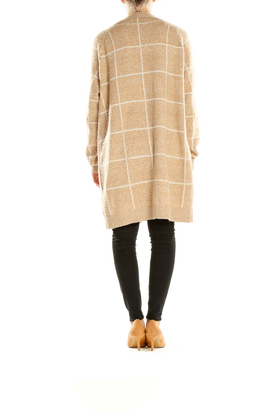 Side view of Vera Moda beige windowpane check long cardigan on model