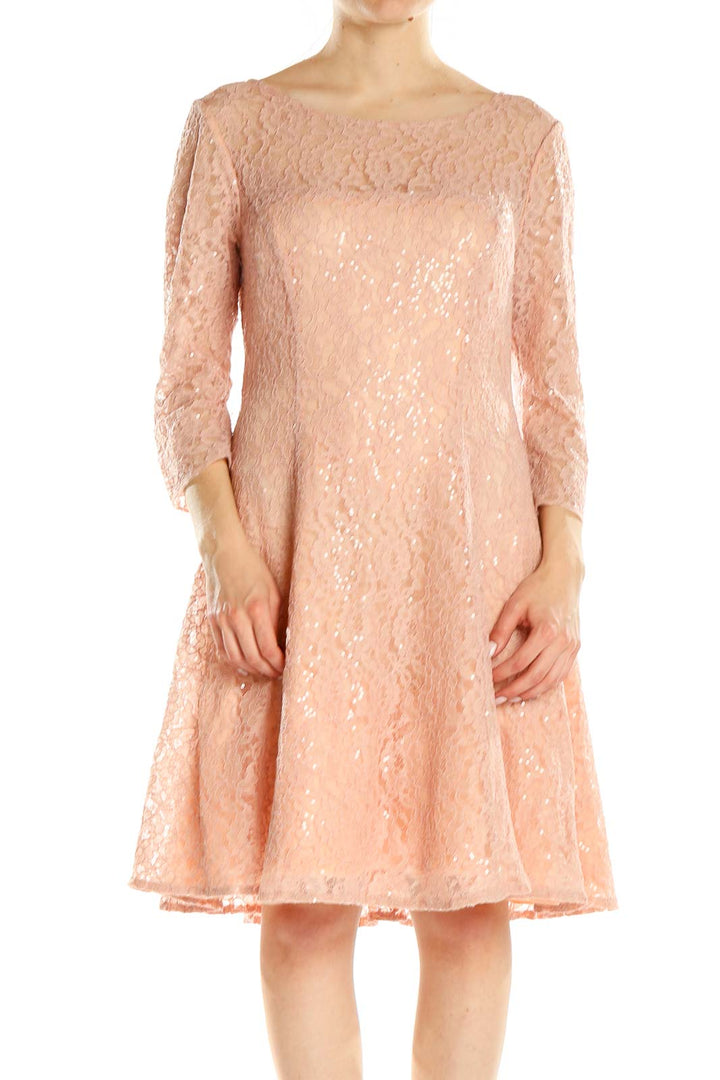 Front view of SLNY blush lace fit-and-flare cocktail dress