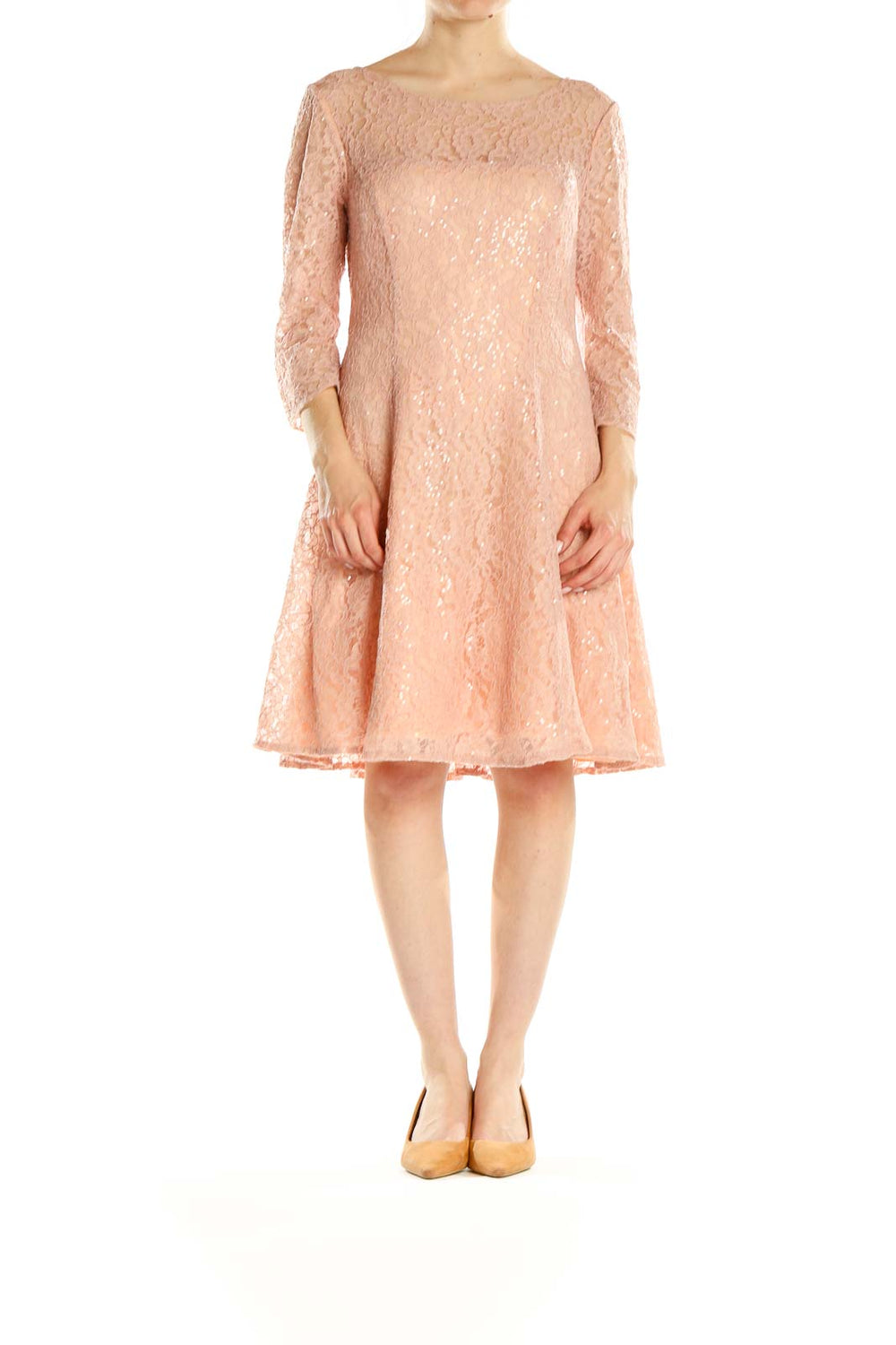 Front view of SLNY blush lace fit-and-flare cocktail dress