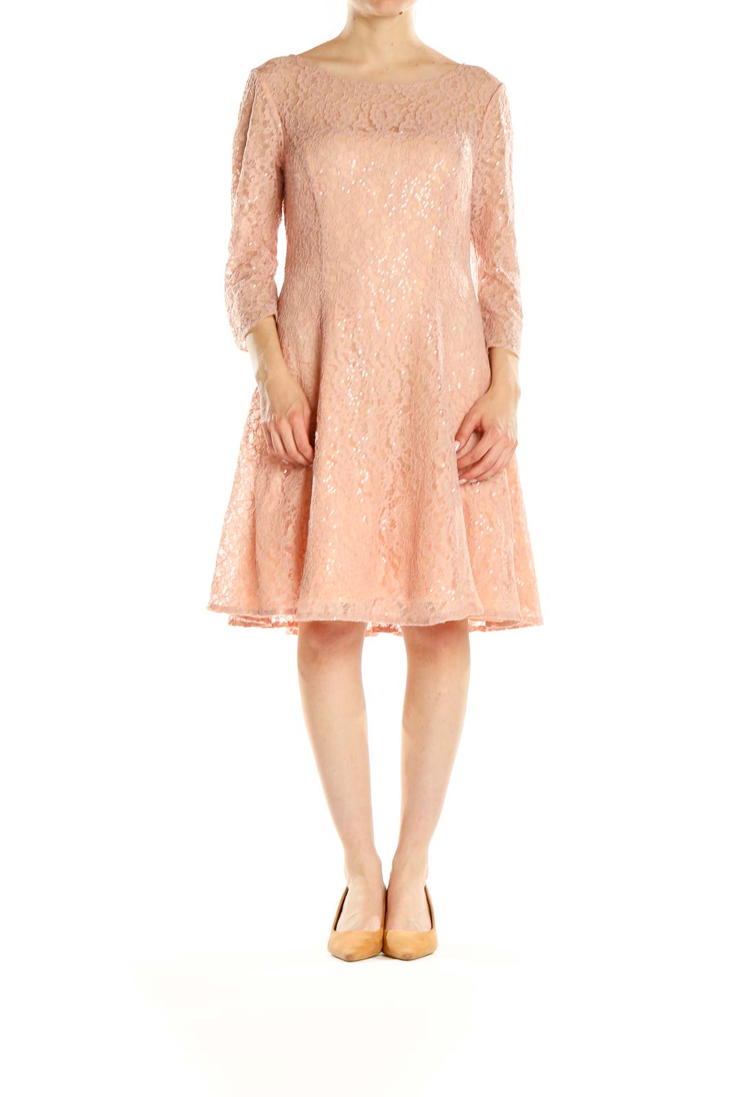 Front view of SLNY blush lace fit-and-flare cocktail dress
