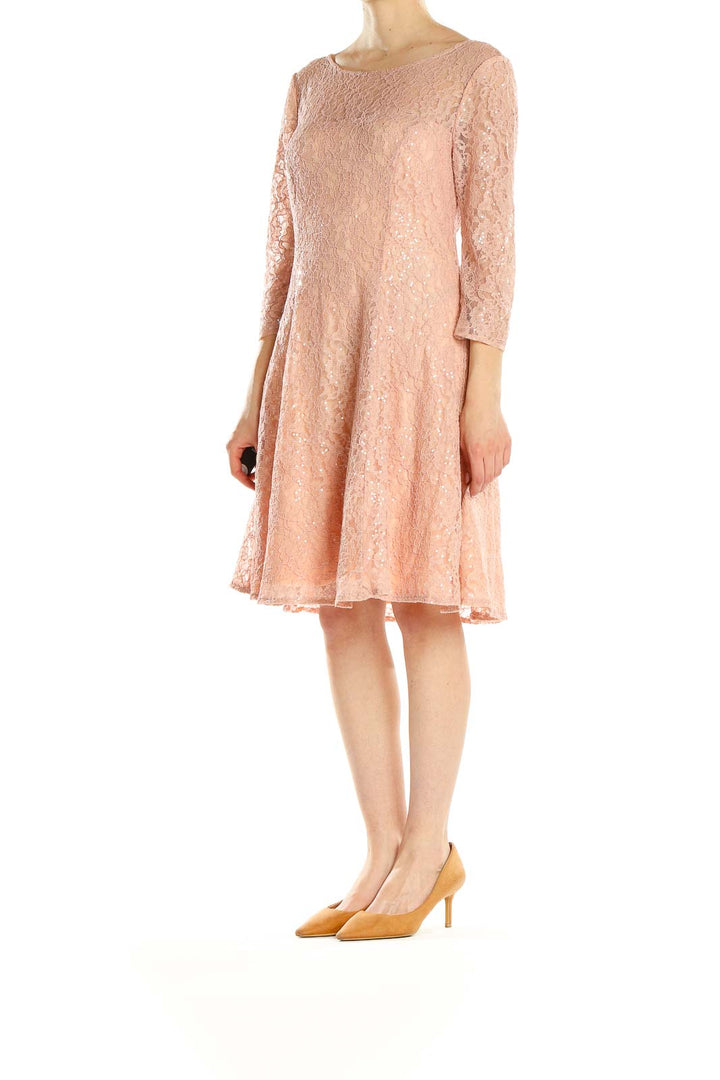 Front view of SLNY blush lace fit-and-flare cocktail dress