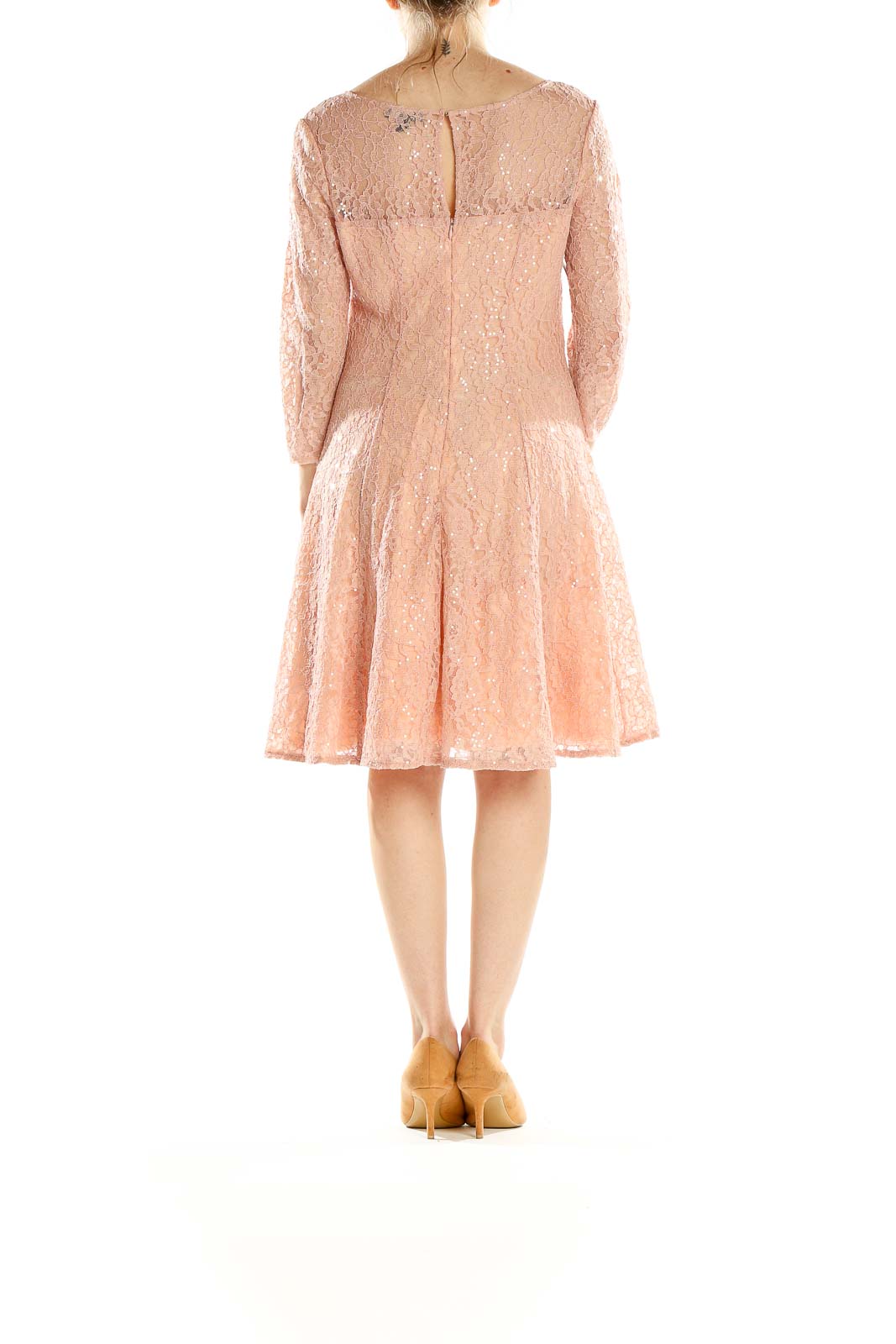 Side view of SLNY blush lace fit-and-flare cocktail dress