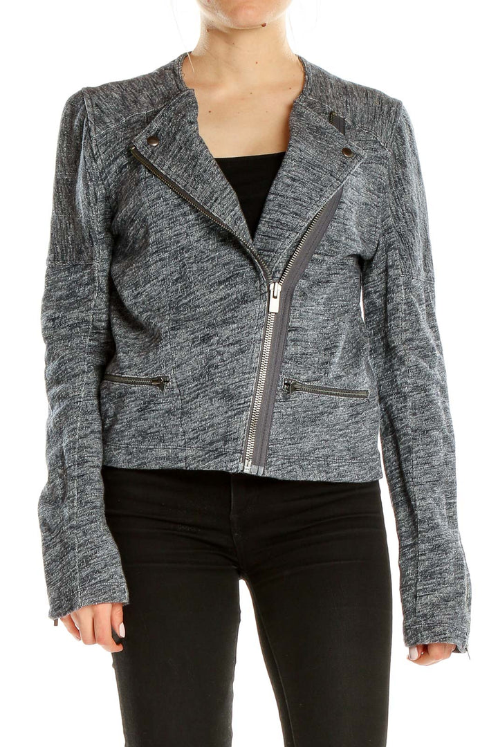 Front view of Gap gray heathered moto-style jacket with asymmetrical zipper